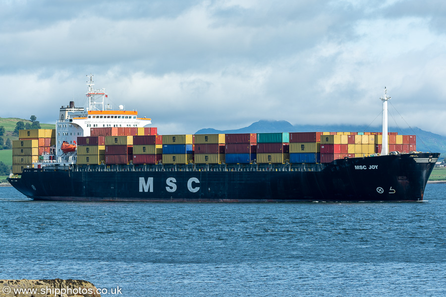 Photograph of the vessel  MSC Joy pictured approaching Greenock Ocean Terminal on 17th July 2021