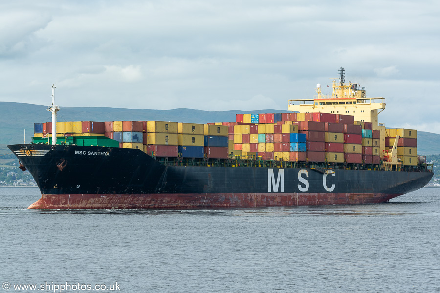 Photograph of the vessel  MSC Santhya pictured departing Greenock Ocean Terminal on 20th June 2024