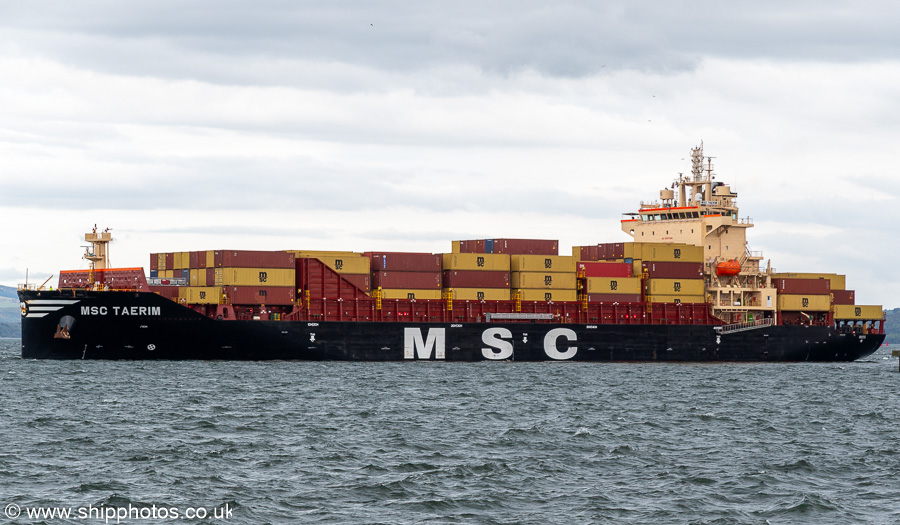 Photograph of the vessel  MSC Taerim pictured departing Greenock Ocean Terminal on 19th April 2025