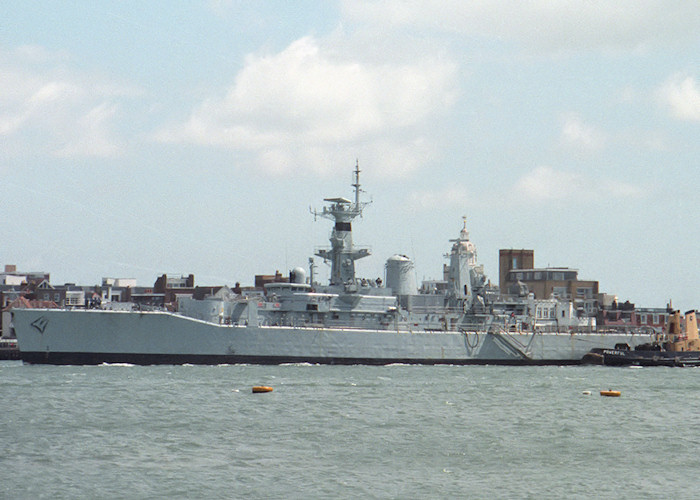 Photograph of the vessel HMS Naiad pictured entering Portsmouth Harbour under tow on 29th July 1988