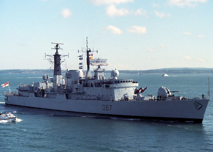 Photograph of the vessel HMS Newcastle pictured entering Portsmouth Harbour on 26th May 1988