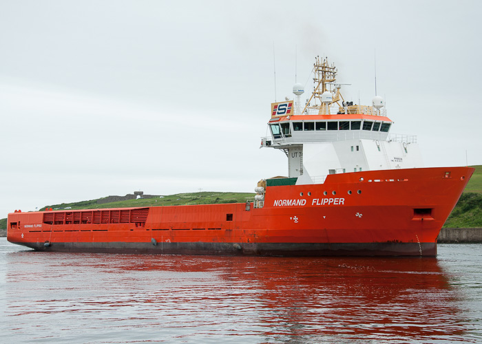 Photograph of the vessel  Normand Flipper pictured arriving at Aberdeen on 13th June 2014