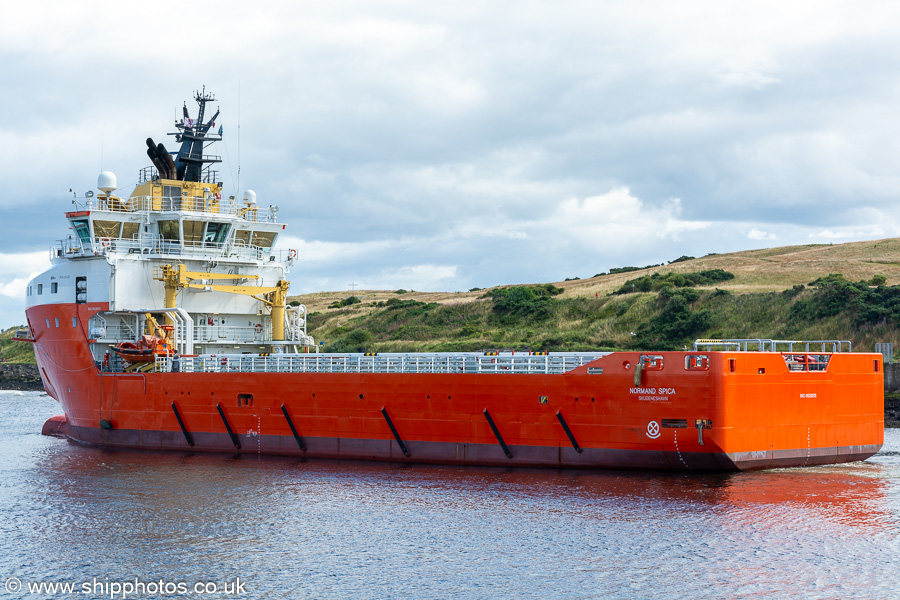 Photograph of the vessel  Normand Spica pictured departing Aberdeen on 8th August 2023