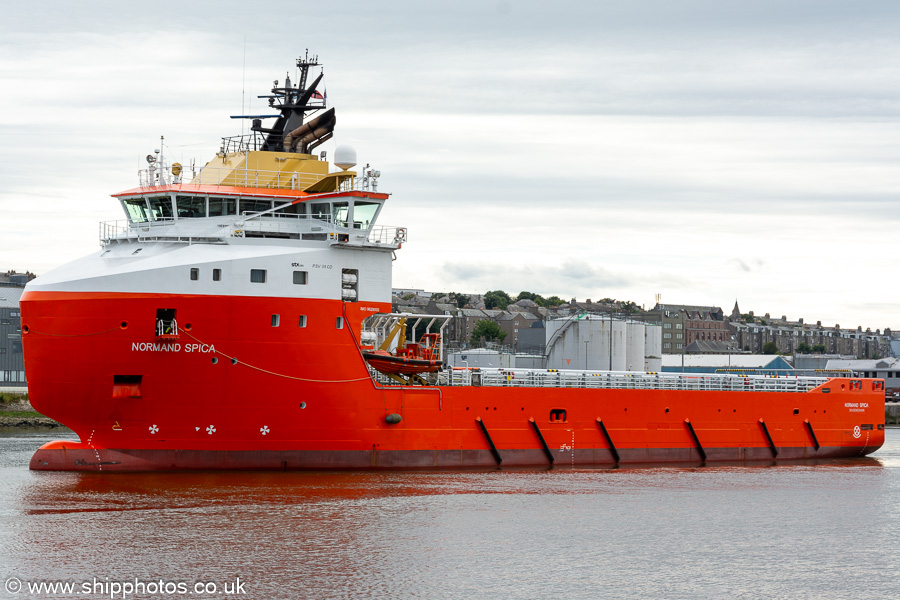 Photograph of the vessel  Normand Spica pictured departing Aberdeen on 9th August 2023