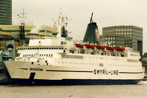 Photograph of the vessel  Norröna pictured in the Pool of London on 26th March 1997