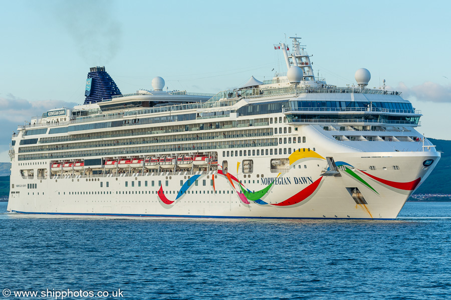 Photograph of the vessel  Norwegian Dawn pictured departing Greenock Ocean Terminal on 20th May 2024