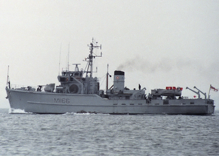HMS Nurton pictured departing Portsmouth Harbour on 7th May 1988