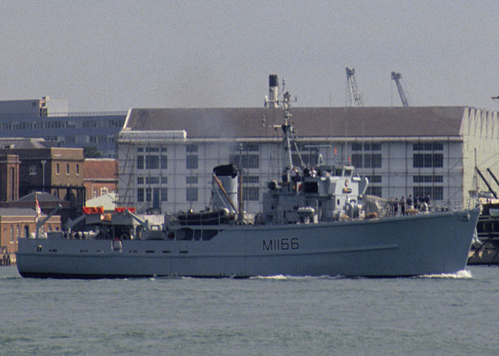 HMS Nurton pictured departing Portsmouth Harbour on 5th September 1990