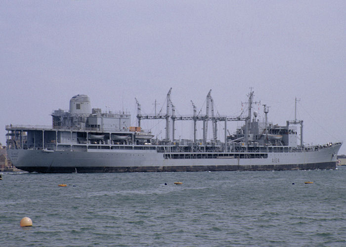 Photograph of the vessel RFA Olmeda pictured departing Portsmouth Harbour on 29th July 1991