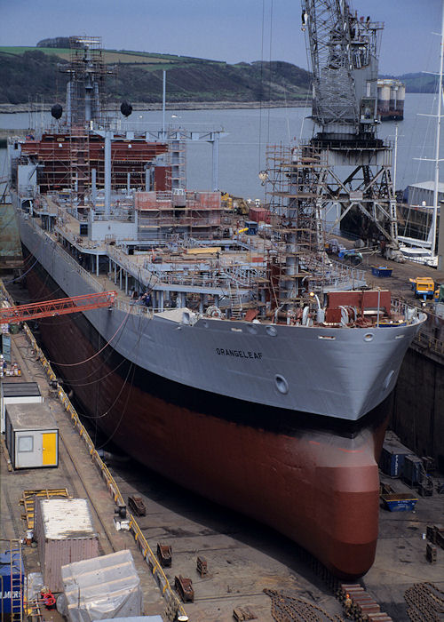 Photograph of the vessel RFA Orangeleaf pictured in dry dock at Falmouth on 5th May 1996