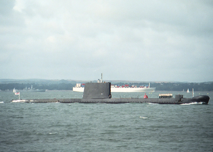 Photograph of the vessel HMS Osiris pictured approaching Portsmouth Harbour on 29th July 1988