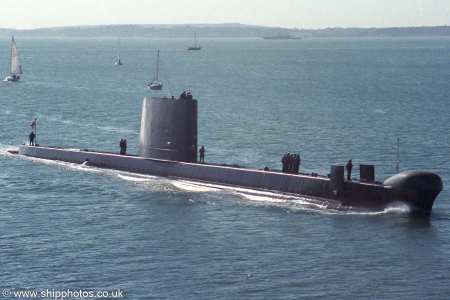Photograph of the vessel HMS Osiris pictured arriving in Portsmouth on 7th October 1989