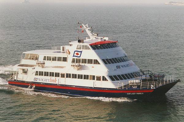 Photograph of the vessel  Our Lady Pamela pictured arriving in Portsmouth Harbour on 18th February 1998