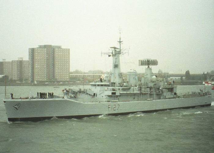 Photograph of the vessel HMS Penelope pictured departing Portsmouth Harbour on 25th July 1988