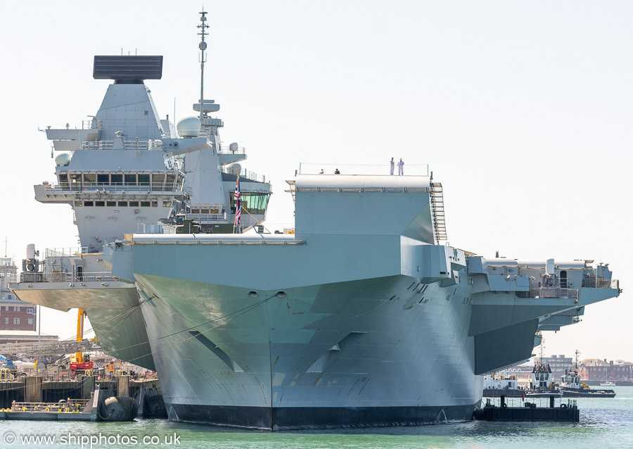 Photograph of the vessel HMS Queen Elizabeth pictured in Portsmouth Naval Base on 7th July 2023