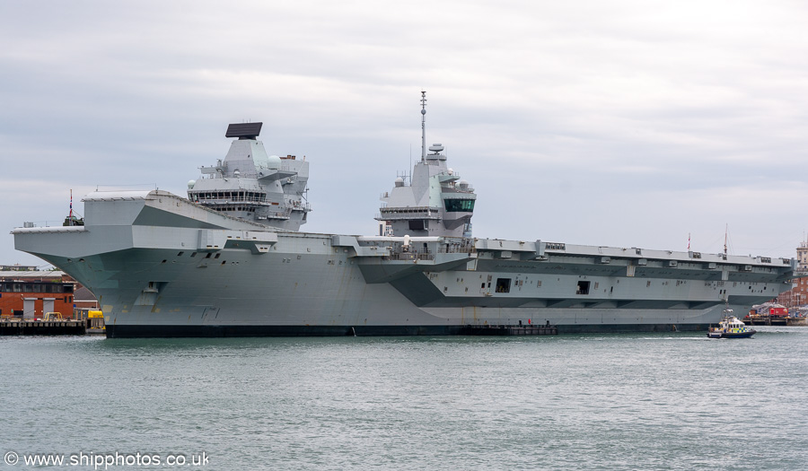 Photograph of the vessel HMS Queen Elizabeth pictured in Portsmouth Naval Base on 8th July 2023