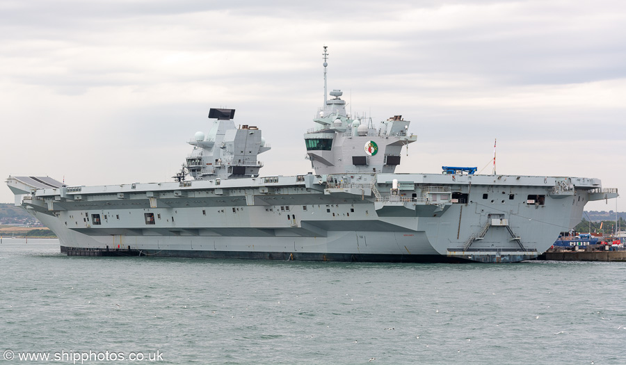 Photograph of the vessel HMS Queen Elizabeth pictured in Portsmouth Naval Base on 8th July 2023