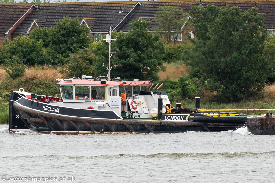 Photograph of the vessel  Reclaim pictured passing Thamesmead on 20th July 2025