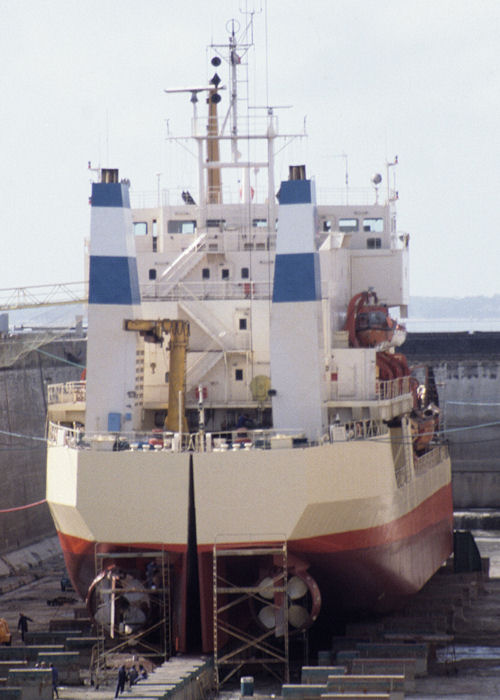 Photograph of the vessel  Rene Gibert pictured in dry dock at Saint Nazaire on 10th July 1990