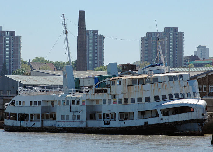 Photograph of the vessel  Royal Iris pictured laid up on the Thames near Woolwich on 23rd May 2010
