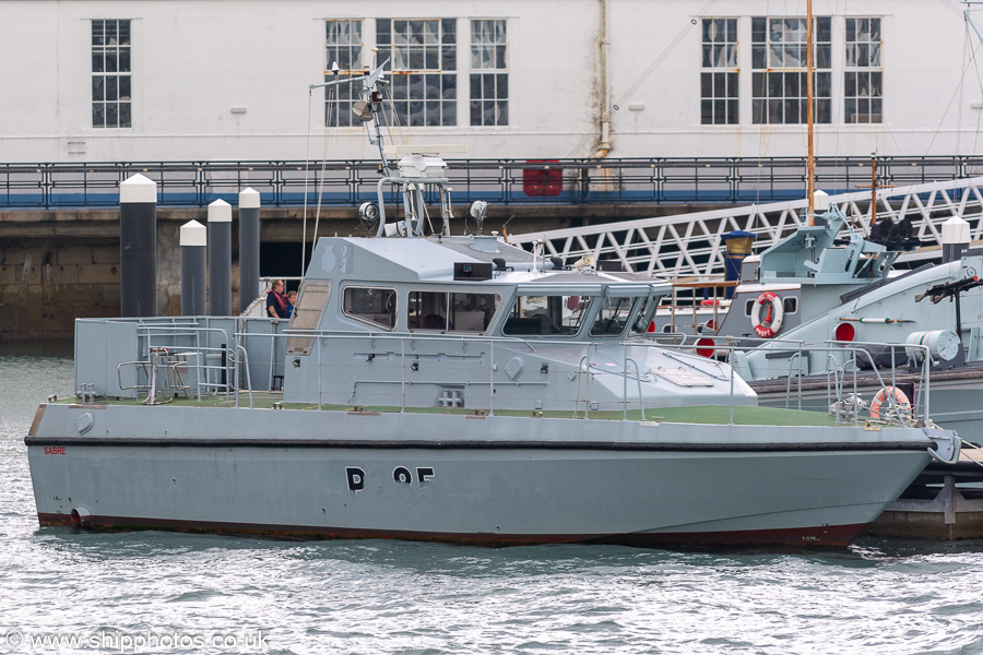 Photograph of the vessel HMS Sabre pictured in Portsmouth Naval Base on 8th July 2023