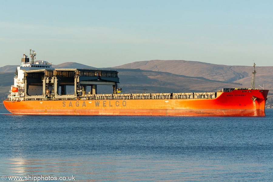 Photograph of the vessel  Saga Odyssey pictured approaching Greenock Ocean Terminal on 25th March 2022