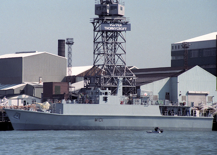 Photograph of the vessel HMS Sandown pictured fitting out at Woolston on 24th April 1988