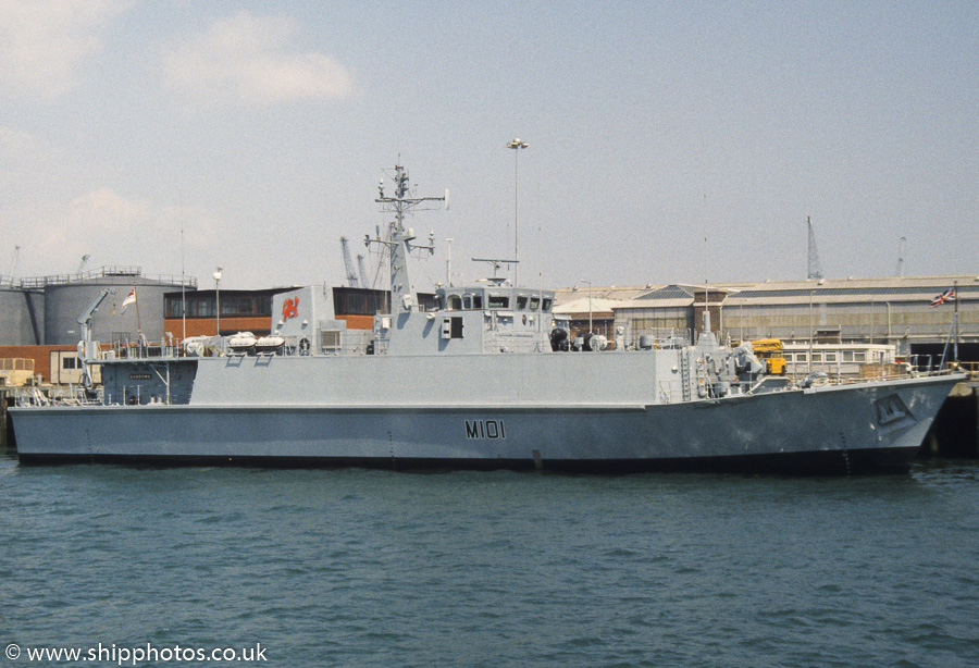 Photograph of the vessel HMS Sandown pictured in Portsmouth Naval Base on 29th May 1989