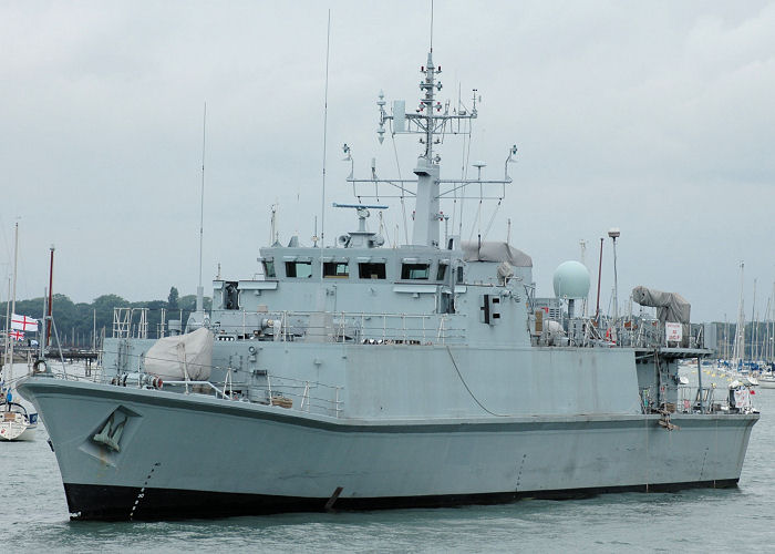 Photograph of the vessel HMS Sandown pictured laid up in Portsmouth Harbour on 3rd July 2005