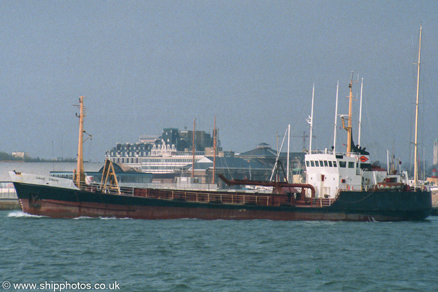 Photograph of the vessel  Sand Swan pictured departing Southampton on 12th November 1989
