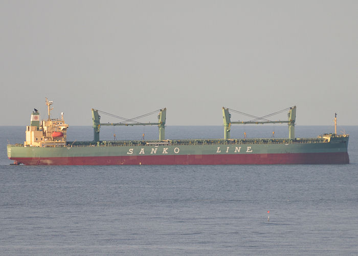 Photograph of the vessel  Sanko Mineral pictured at anchor off Tynemouth on 25th May 2013