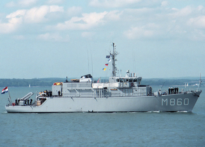 Photograph of the vessel HrMS Schiedam pictured entering Portsmouth Harbour on 5th June 1988