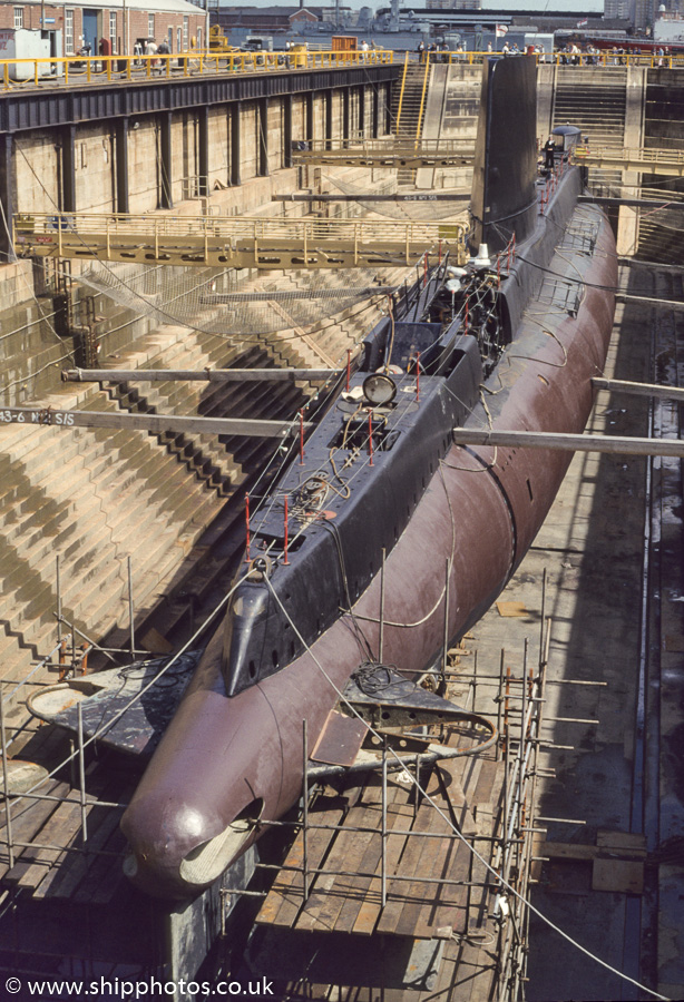 Photograph of the vessel HMS Sealion pictured in dry dock at Portsmouth Naval Base on 24th August 1985