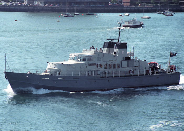 HMCC Searcher pictured departing Portsmouth Harbour on 26th May 1988
