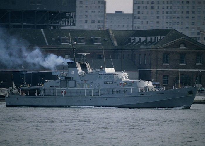 HMCC Searcher pictured departing Portsmouth Harbour on 21st December 1992