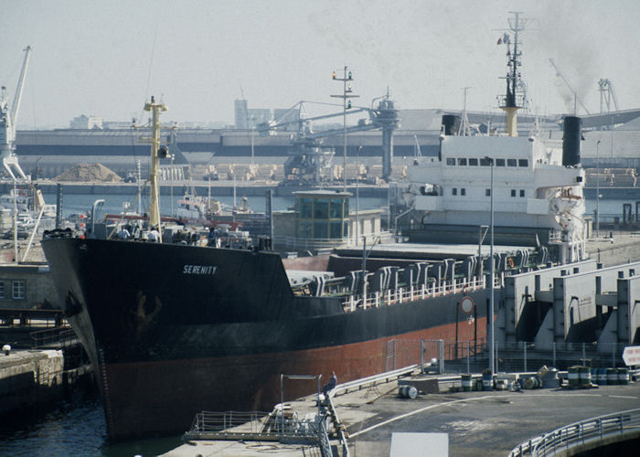 Photograph of the vessel  Serenity pictured departing Saint Malo on 12th July 1990