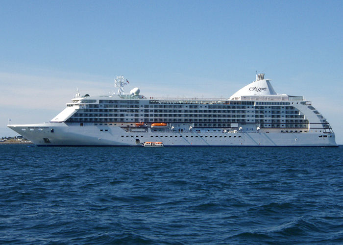 Photograph of the vessel  Seven Seas Voyager pictured at anchor off St. Peter Port on 17th June 2008