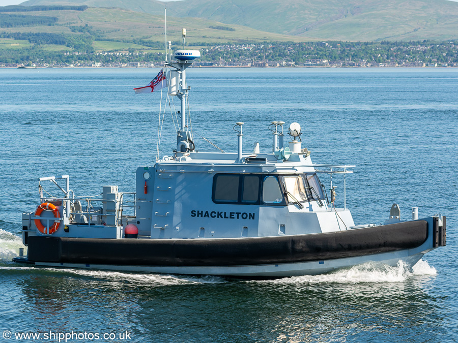 Photograph of the vessel SMB Shackleton pictured approaching James Watt Dock, Greenock on 21st May 2024