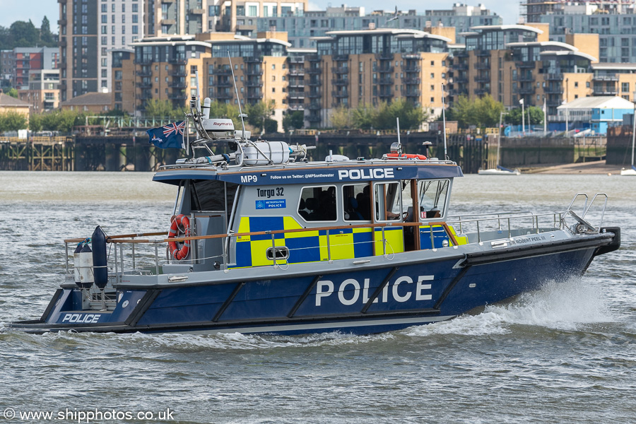 Photograph of the vessel  Sir Robert Peel III pictured passing Rotherhithe on 20th July 2025