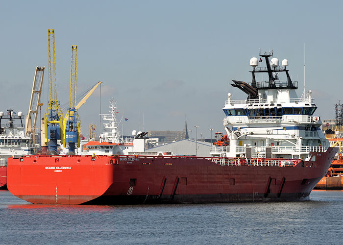 Photograph of the vessel  Skandi Caledonia pictured arriving at Aberdeen on 7th May 2013