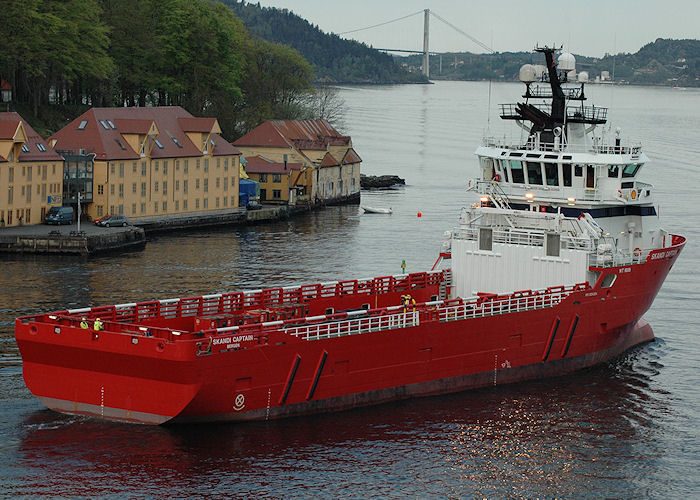 Photograph of the vessel  Skandi Captain pictured departing Bergen on 5th May 2008