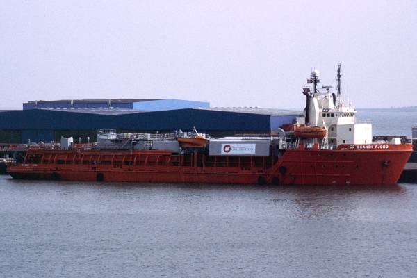 Photograph of the vessel  Skandi Fjord pictured in Esbjerg on 29th May 1998
