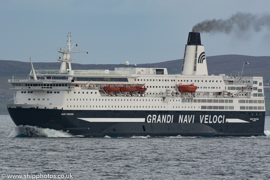 Photograph of the vessel  SNAV Toscana pictured departing Lerwick on 18th May 2015
