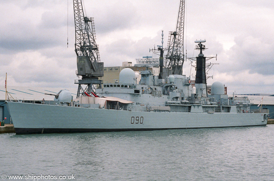 Photograph of the vessel HMS Southampton pictured entering Portsmouth Harbour on 4th May 2003