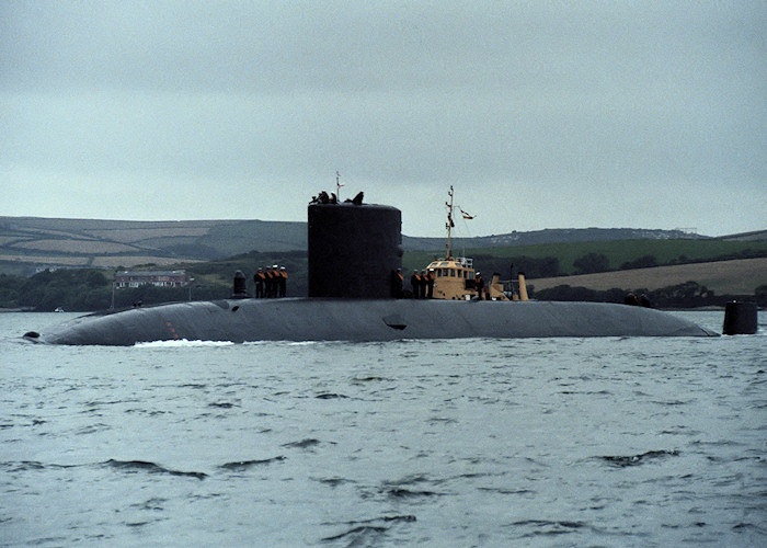 Photograph of the vessel HMS Sovereign pictured departing Devonport Naval Base on 10th August 1988