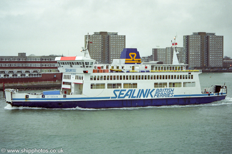 Photograph of the vessel  St. Cecilia pictured departing Portsmouth Harbour on 20th January 1990