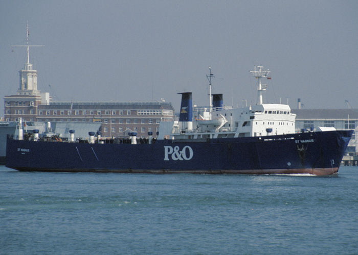 Photograph of the vessel  St. Magnus pictured departing Portsmouth Harbour on 29th August 1990