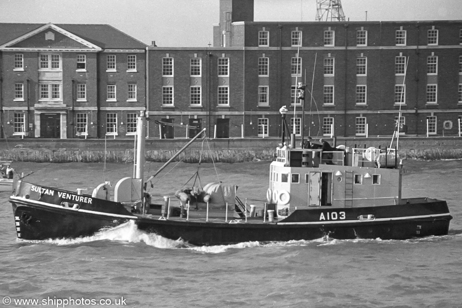 Photograph of the vessel RMAS Sultan Venturer pictured departing Portsmouth Harbour on 11th November 1989
