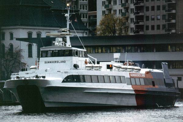 Photograph of the vessel  Sunnhordland pictured departing Bergen on 26th October 1998