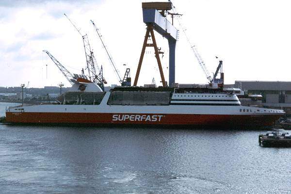Photograph of the vessel  Superfast IX pictured fitting out in Kiel on 29th May 2001